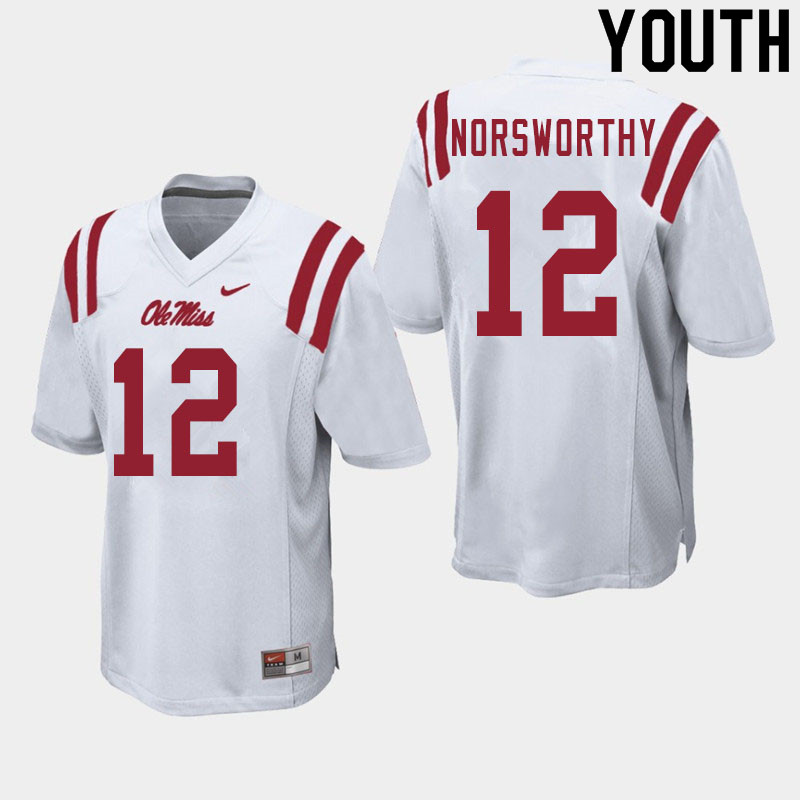 Adam Norsworthy Ole Miss Rebels NCAA Youth White #12 Stitched Limited College Football Jersey IHR1358NX